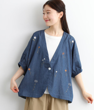 コットンリネン 刺繍カーディガン(ブルーデニム-ONESIZE)