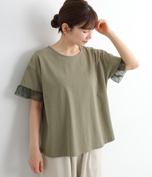 袖ドットチュールTシャツ(カーキ-ONESIZE)