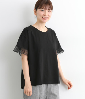 袖ドットチュールTシャツ(ブラック-ONESIZE)