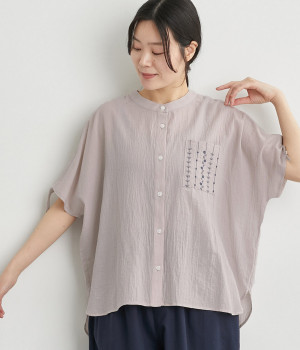 コットン 袖シャーリングブラウス(ライトグレー-ONESIZE)