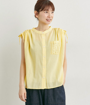 コットン 袖シャーリングブラウス(レモンイエロー-ONESIZE)