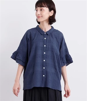 シャドーチェック 袖ティアードブラウス(ブルー-ONESIZE)