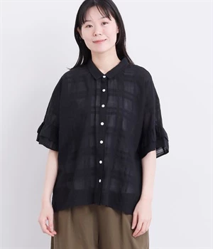 シャドーチェック 袖ティアードブラウス(ブラック-ONESIZE)