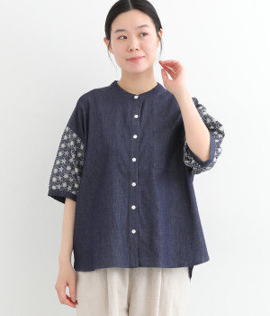 4.5ozデニム 花刺繍袖ブラウス(ネイビー-ONESIZE)