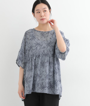 花柄プリント布帛ギャザーチュニック(ブルー-ONESIZE)