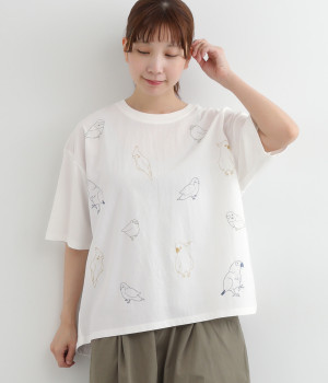 布帛切替トリ刺繍Tシャツ(ホワイト-ONESIZE)