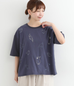 布帛切替トリ刺繍Tシャツ(ネイビー-ONESIZE)
