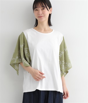 OE天竺 刺繍フレアスリーブTシャツ(ホワイト×カーキ-ONESIZE)
