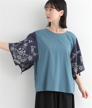 OE天竺 刺繍フレアスリーブTシャツ(ブルー×ネイビー-ONESIZE)