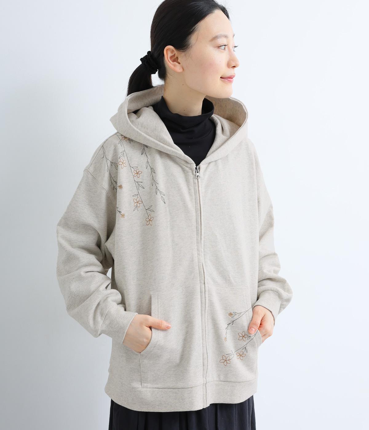 裏毛しだれ草花刺繍ZIPパーカー(オートミールトップ-F)