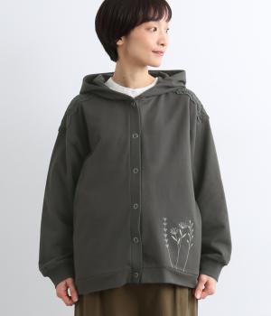 ミニ裏毛×スパンテレコ肩レースボタンダウンパーカー(スモークブラック-F)