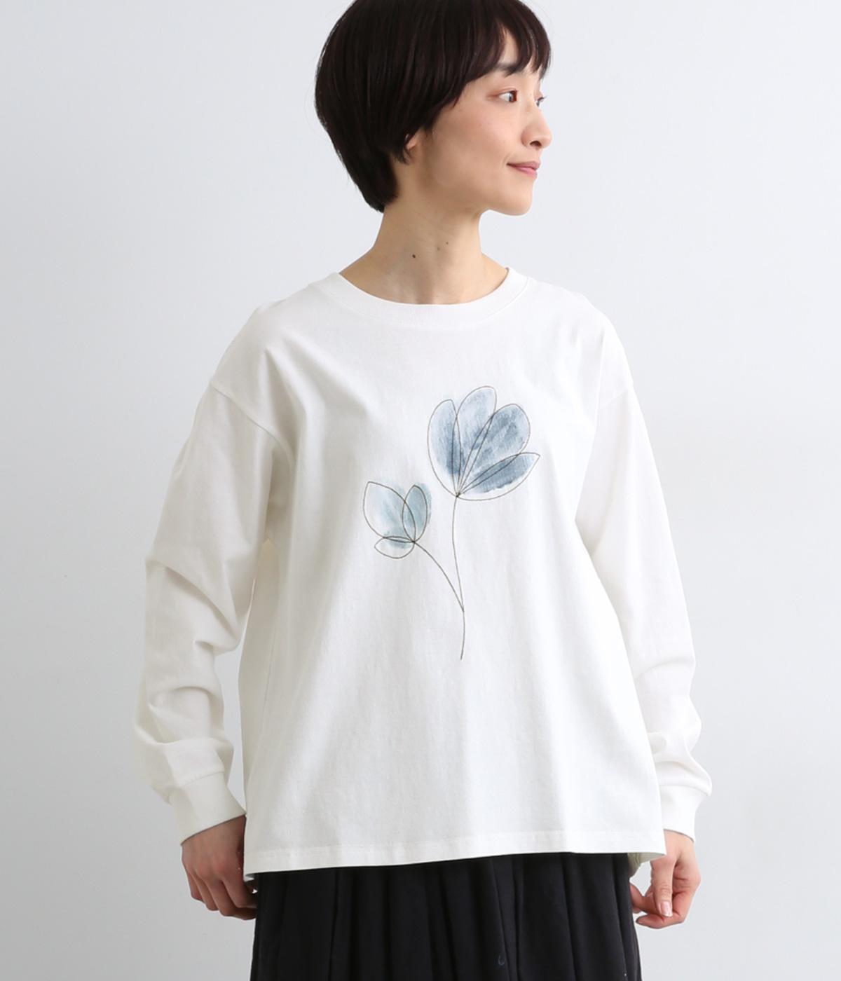 フライス水彩プリントステッチ刺繍ロングスリーブTシャツ(ホワイト-F)