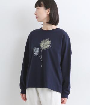 フライス水彩プリントステッチ刺繍ロングスリーブTシャツ(ネイビー-F)