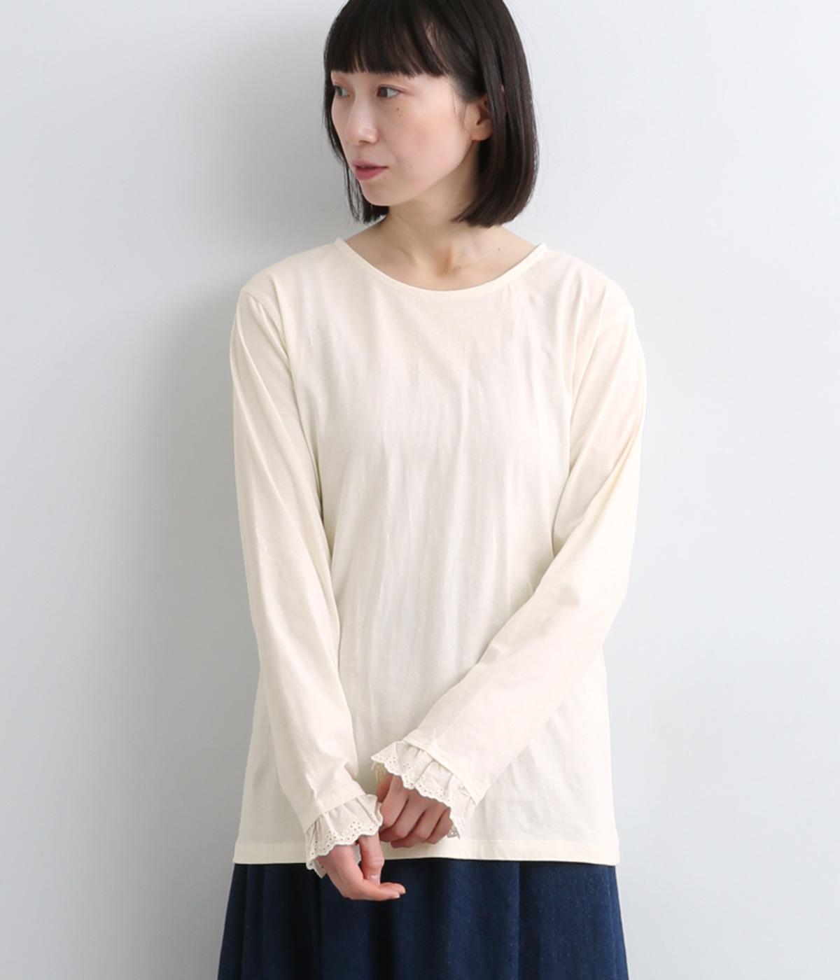 天竺×スカラップレース袖口レースロングTシャツ(アイボリー-F)