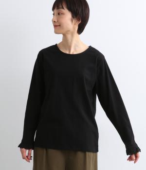 天竺×スカラップレース袖口レースロングTシャツ(ブラック-F)