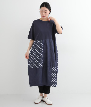 デニム切替コクーンワンピース(ネイビー-ONESIZE)