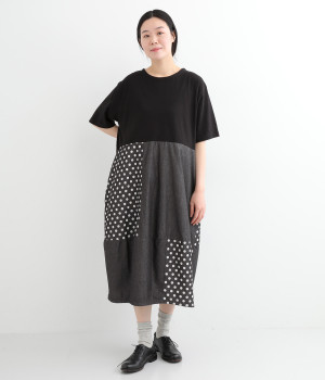 デニム切替コクーンワンピース(ブラック-ONESIZE)