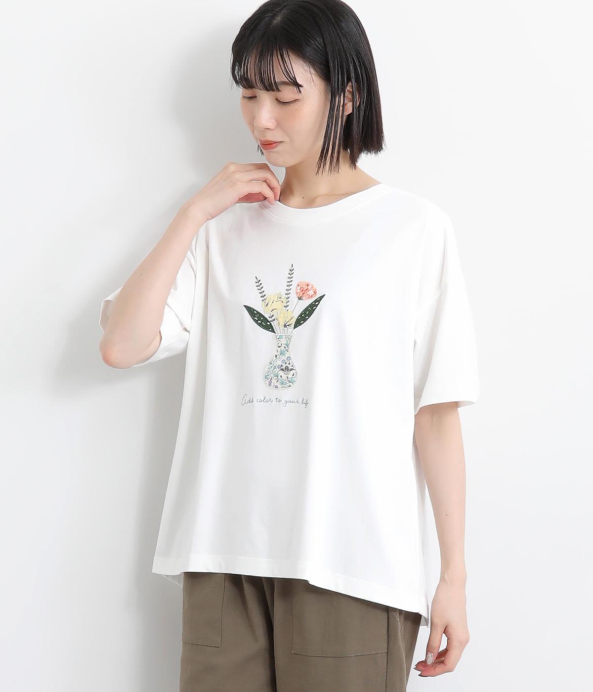 フラワーパッチワークTシャツ(ホワイト-ONESIZE)