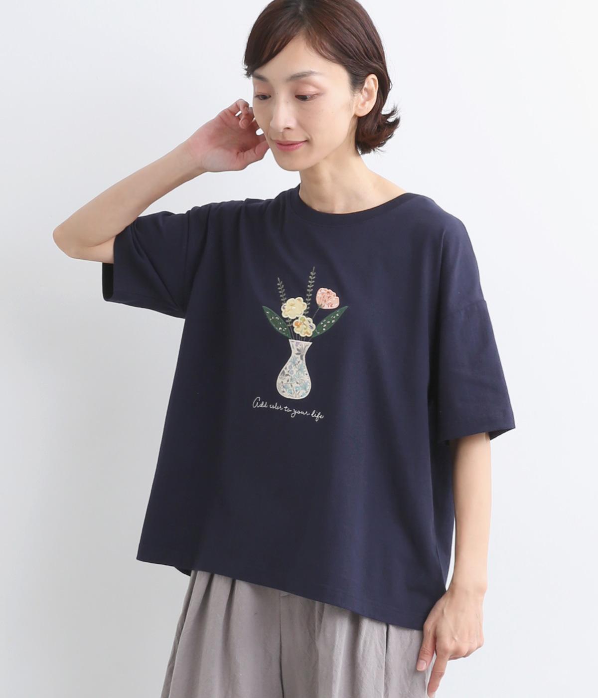 フラワーパッチワークTシャツ(ダークネイビー-ONESIZE)