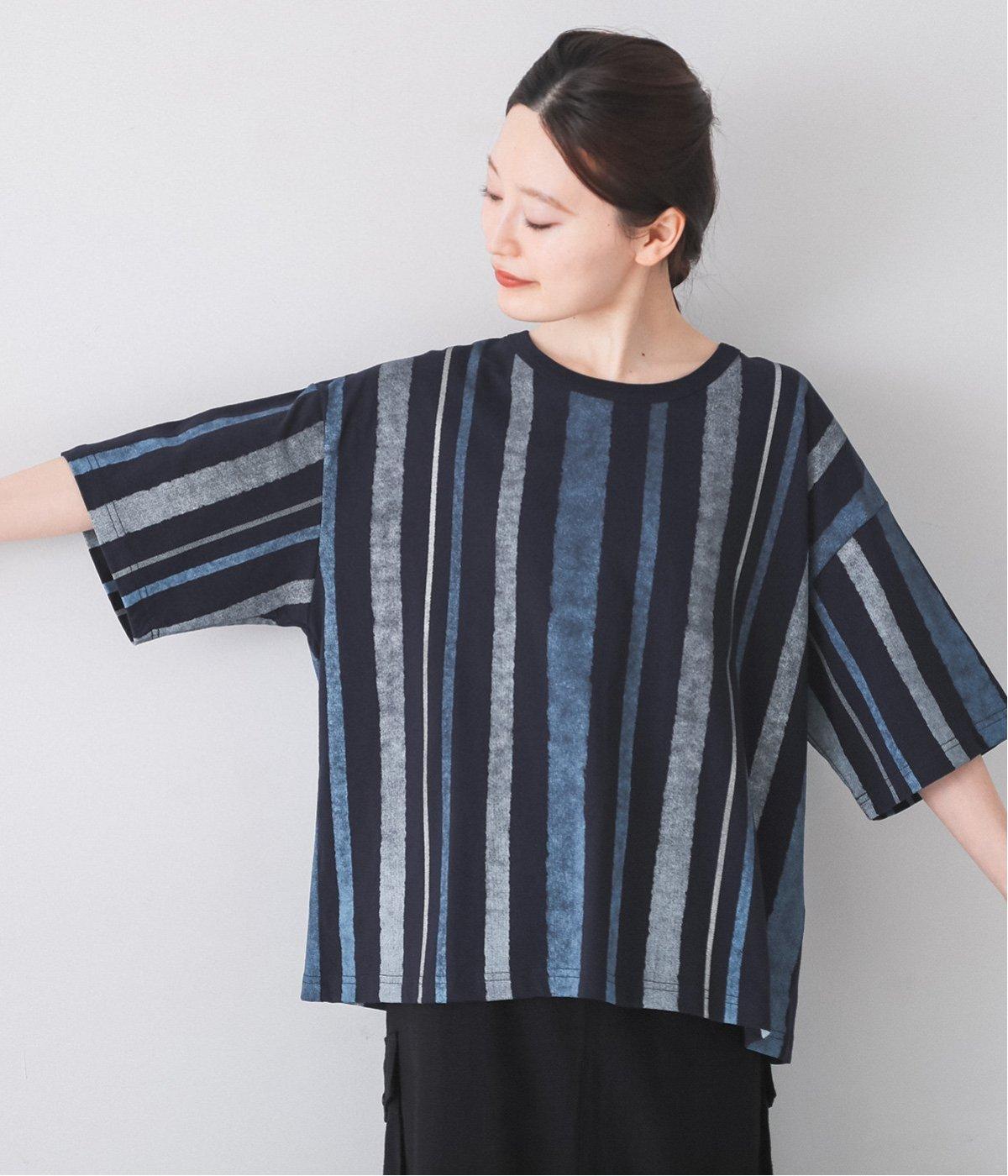 水彩＋箔ストライプ5分袖Tシャツ(ダークネイビー-F)