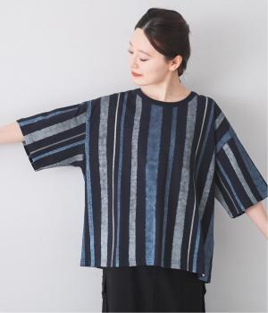 水彩＋箔ストライプ5分袖Tシャツ(ダークネイビー-F)
