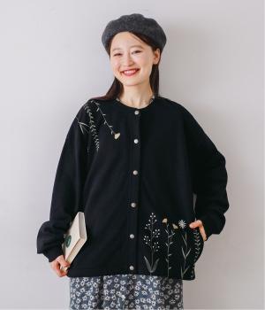 草花刺繍ミニ裏毛カーディガン