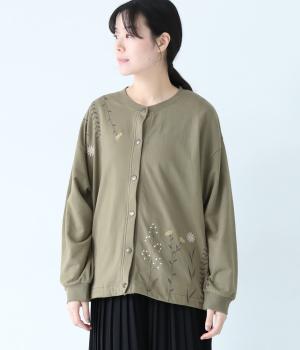 草花刺繍ミニ裏毛カーディガン(カーキ-F)