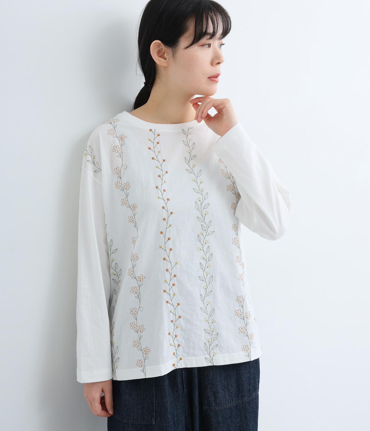 前身布帛草花ライン刺繍ロングスリーブＴシャツ(ホワイト-F)