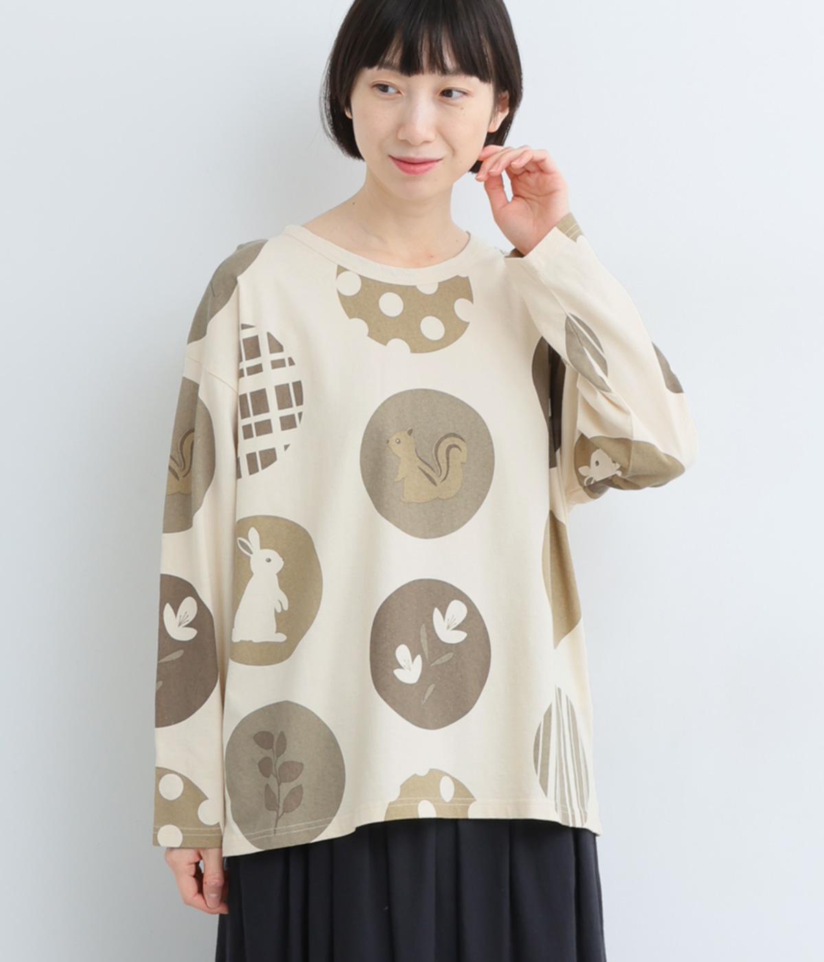ビッグ柄ドットプリントロングスリーブＴシャツ(ナチュラル-F)