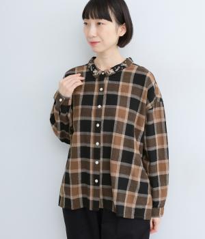 襟刺繍ジャカードチェックシャツ(ブラック-F)