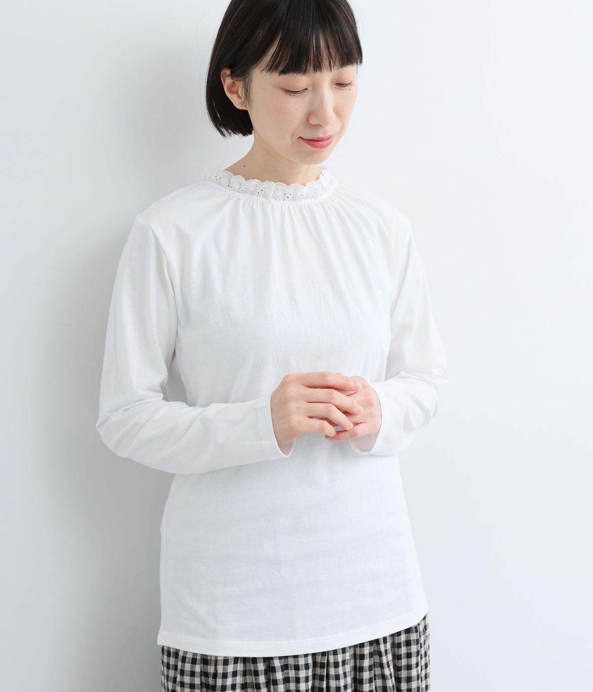 襟レースインナーロングスリーブＴシャツ(ホワイト-F)