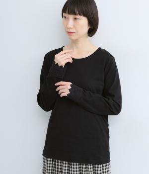 袖口レースインナーロングスリーブＴシャツ(ブラック-F)