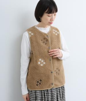 フラワードット刺繍ボアベスト(ベージュ-F)
