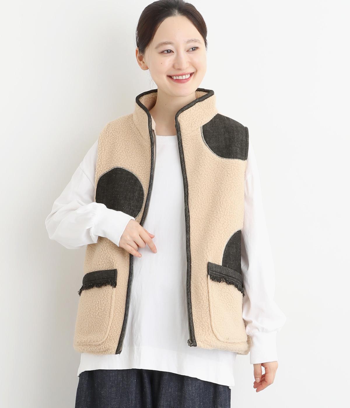 ドット柄デニム付きボアベスト(ライトベージュ-F)