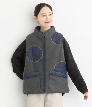 ドット柄デニム付きボアベスト(チャコール-F)