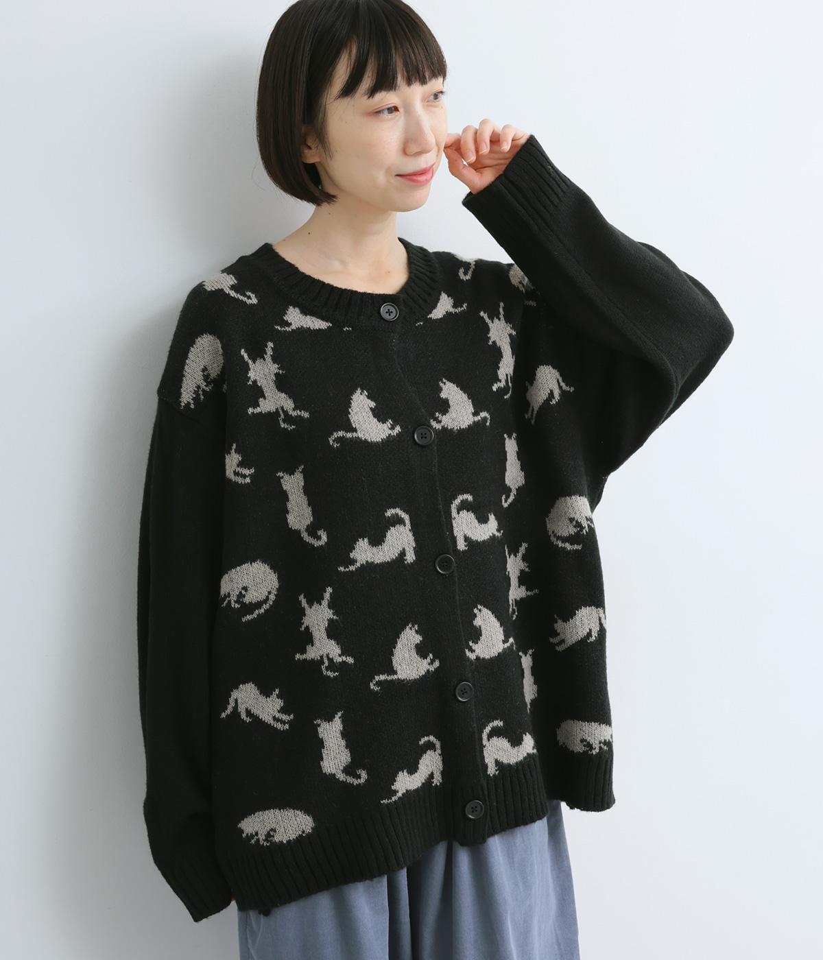 ネコ柄ジャカードカーディガン(ブラック×グレージュ-F)