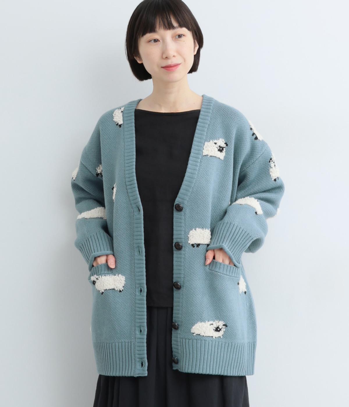 【JUCY】羊柄ジャカードニットカーディガン(ブルー-F)