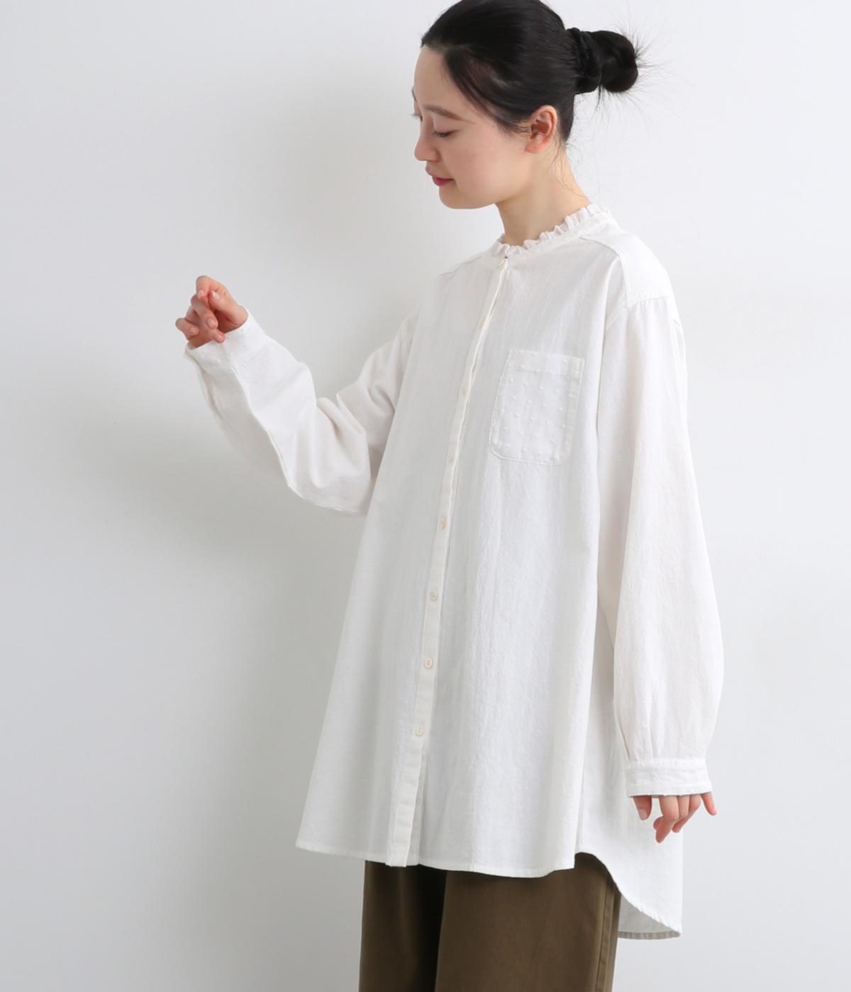 スタンドフリル襟チュニックブラウス(ホワイト-F)