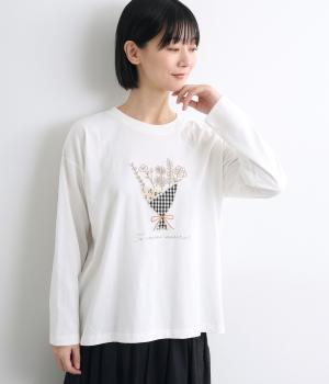 花束パッチワーク刺繍ロングスリーブTee(ホワイト-F)