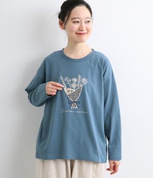 花束パッチワーク刺繍ロングスリーブTee(ブルー-F)