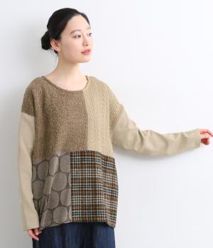 異素材ブロッキング裏毛プルオーバー(グレージュ-F)