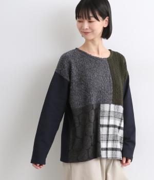 異素材ブロッキング裏毛プルオーバー(ダークネイビー-F)