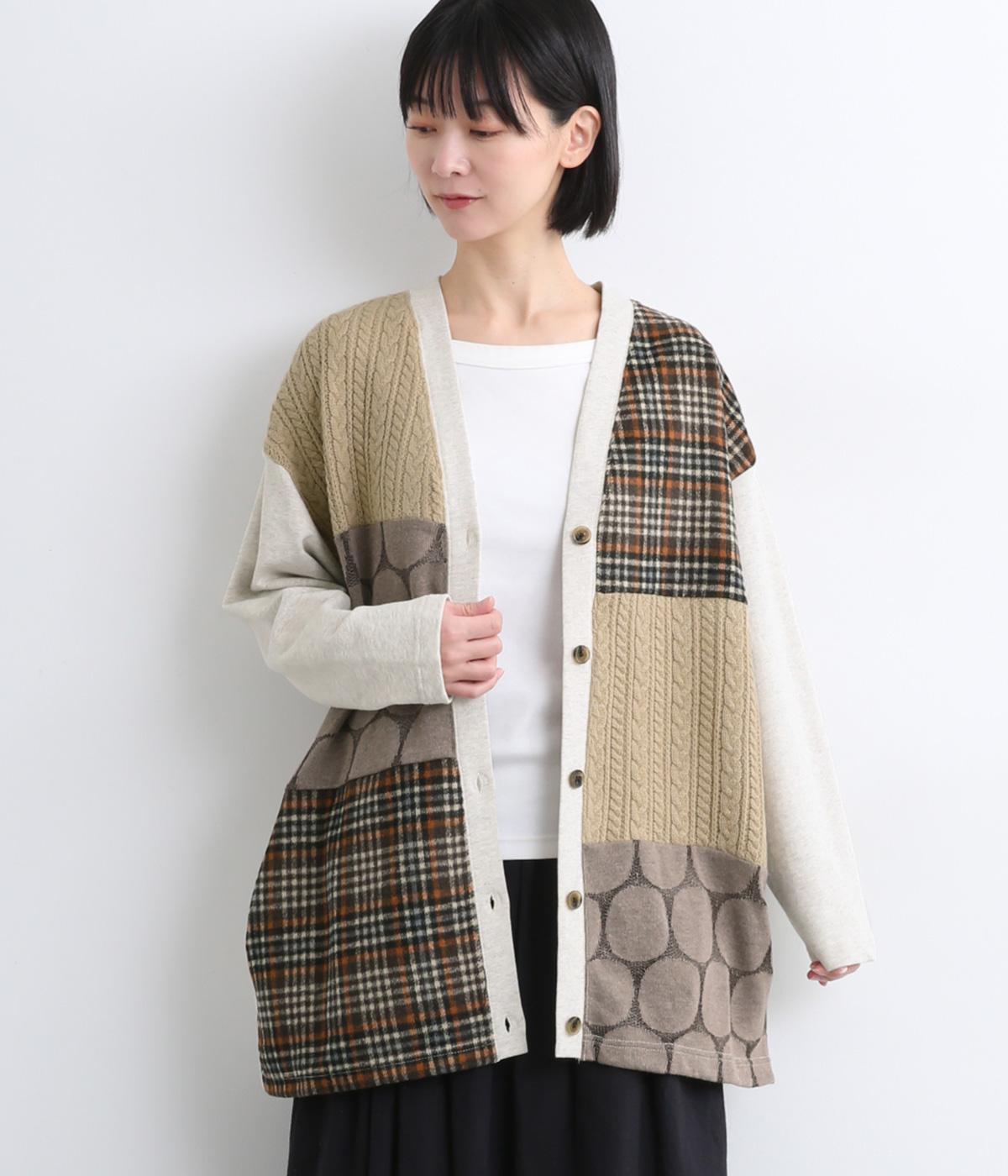 異素材ブロッキング裏毛チュニックカーディガン(オートミールトップ-F)