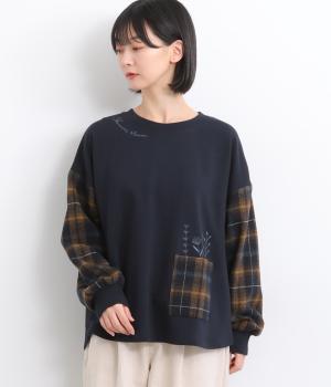 裏毛メルトンチェック切替プルオーバー(ダークネイビー-F)