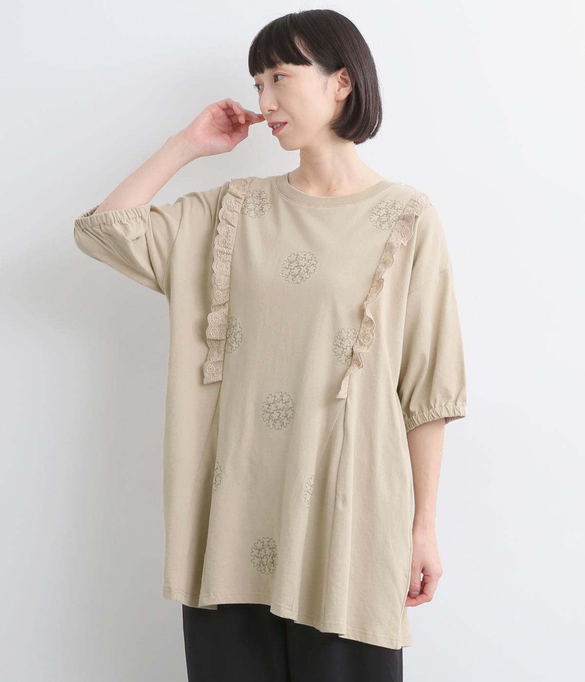 レース挟みタック刺繍切替チュニック(グレージュ-ONESIZE)