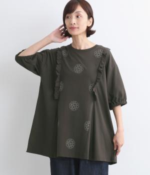 レース挟みタック刺繍切替チュニック(ブラック-ONESIZE)