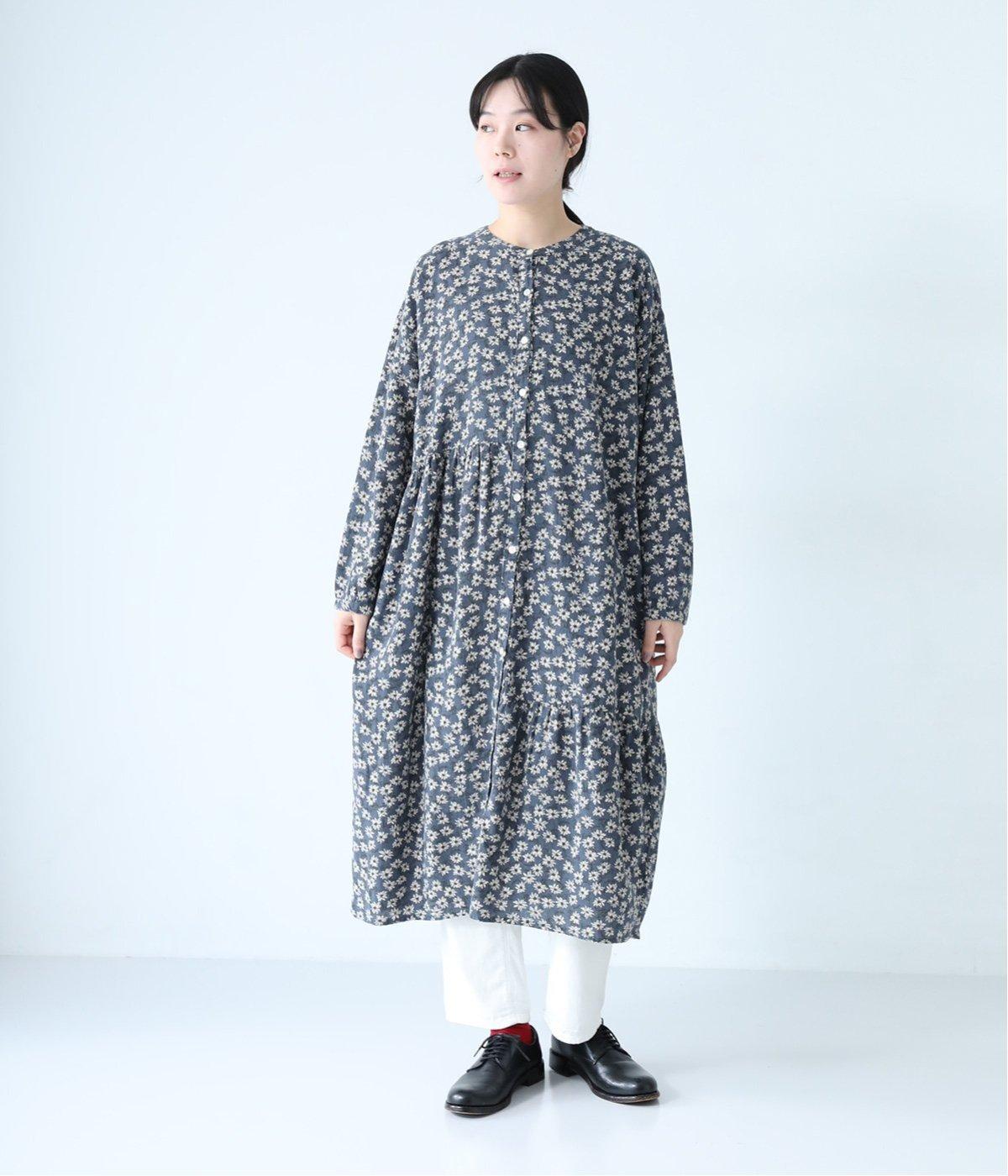 花柄プリントアシメギャザーワンピース(ブルー-F)