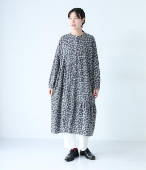 花柄プリントアシメギャザーワンピース(ブルー-F)