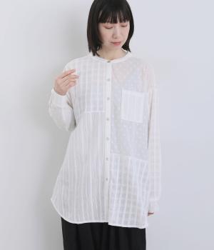 チェック×ドット×ストライプジャカード切替チュニックシャツ(ホワイト-F)
