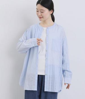 チェック×ドット×ストライプジャカード切替チュニックシャツ(サックス-F)